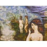 A pair of Israeli mixed media paintings on glossy paper, nudes by a river, and portrait of a lady by