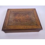 A Sorrento inlaid fruitwood writing box, the lid decorated with figures around a table, A/F, 12½"