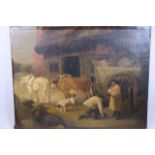 An early C19th oil on canvas, figures with horse and oxen drawn slate cart by a dwelling,