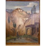 Claude Forpau - oil on canvas, figure at a well with hillside village in the background, signed, 32"