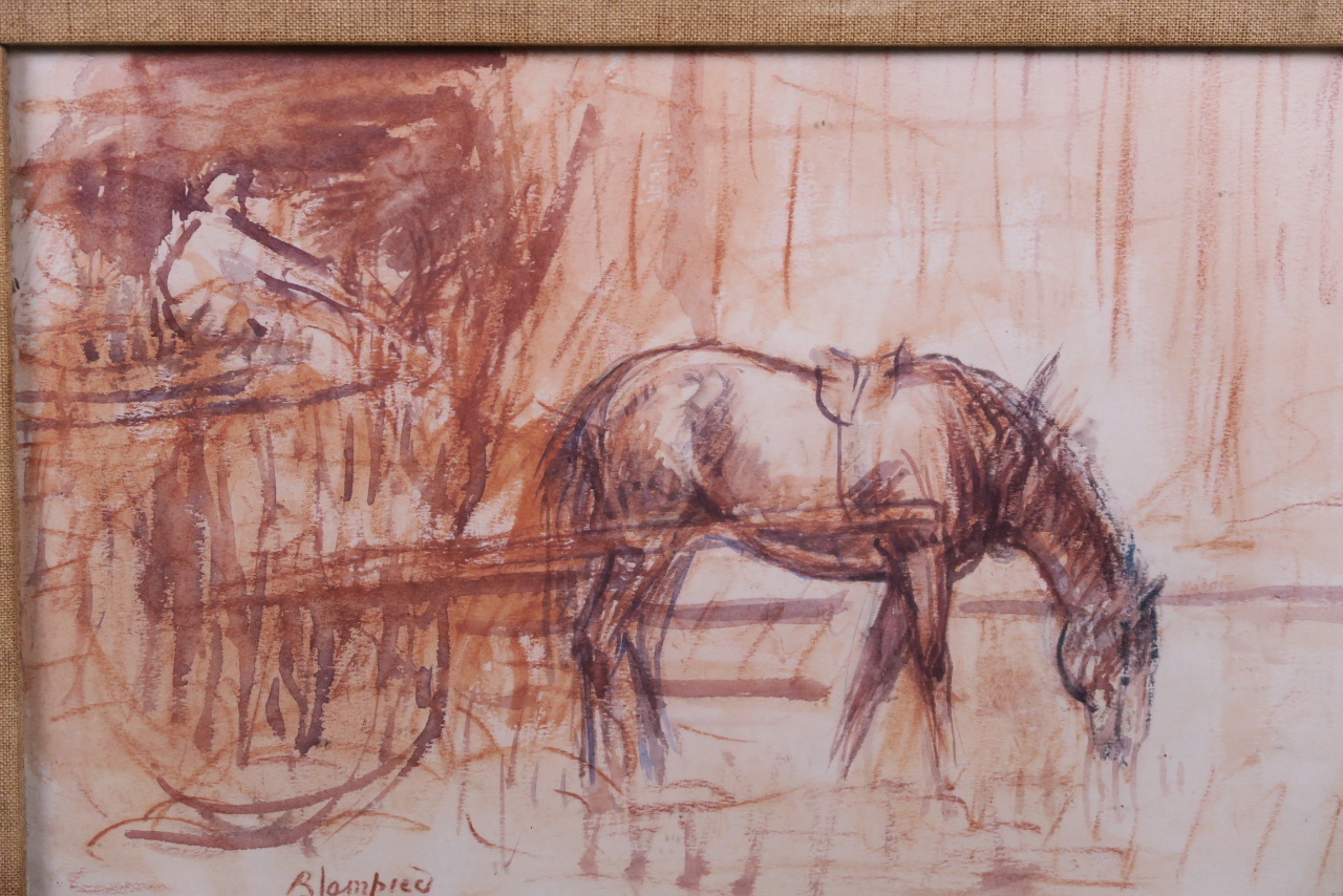 A sepia watercolour and pastel figure on a horse drawn cart, signed 'Blampied', 12½" x 9"