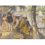 E. Le Sironi, impressionist oil on board, figures socialising on a riverbank, 22½" x 13½"