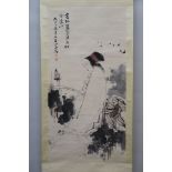 A large Chinese watercolour scroll depicting a lady with red flowers in her hair, 27" x 53"