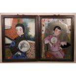 A pair of Chinese late C19th/early C20th portrait paintings on glass depicting two women with