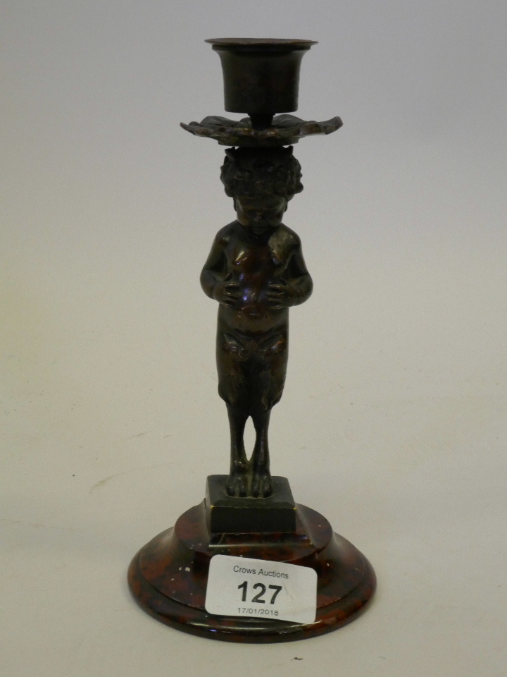 A C19th bronze candlestick in the form of a fawn, mounted on a marble base - Image 3 of 3