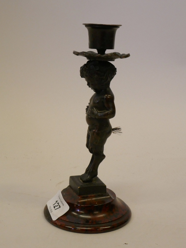 A C19th bronze candlestick in the form of a fawn, mounted on a marble base - Image 2 of 3