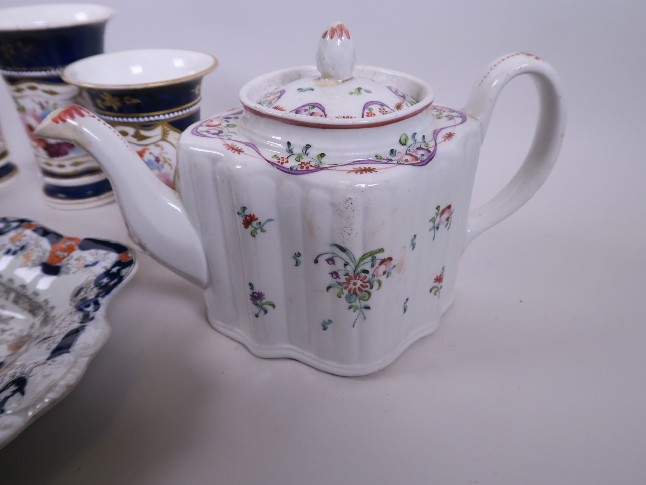 An C18th English creamware teapot painted with garlands and flowers, 6" high, together with an early - Image 2 of 5