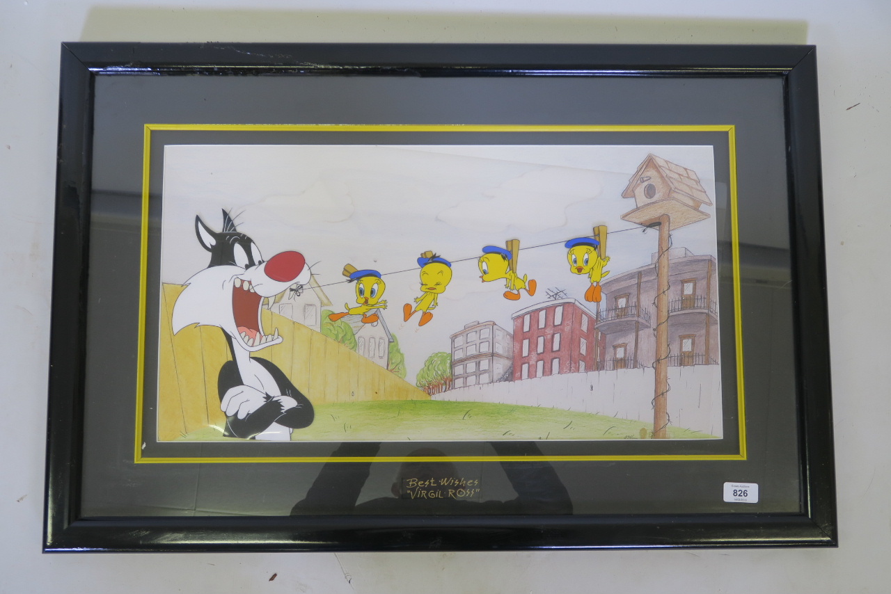 A Virgil Ross limited edition, no 374/500, hand painted cell of Sylvester and Tweetie, frame