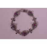 A silver, marcasite and ruby set bracelet, 6" long