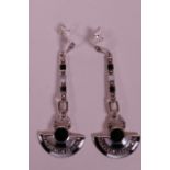 A pair of Art Deco style, silver, marcasite, enamel and oppalite drop earrings, 2½" drop