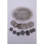 A Chinese white metal trinket dish, together with a bronze seal and a quantity of facsimile (