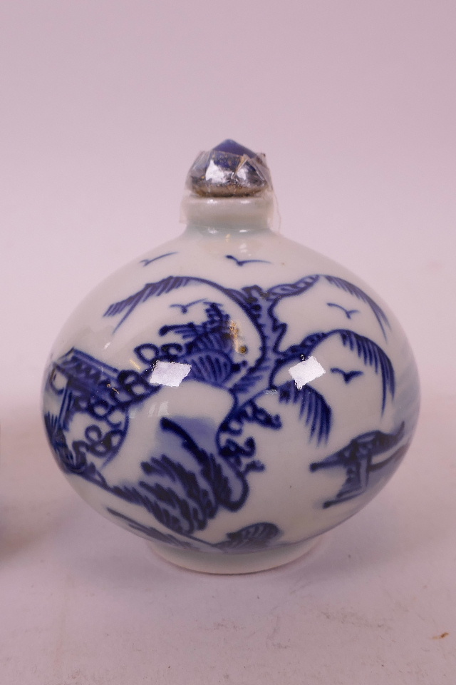 A Chinese polychrome porcelain erotic snuff bottle, together with a blue and white porcelain snuff - Image 4 of 4