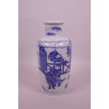 A Chinese blue and white porcelain vase decorated with warriors in a garden, 6 character mark to