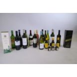 A mixed case of wines, 15 bottles, six miniatures, a 1ltr bottle of Johnnie Walker Double Black, and