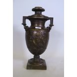 A patinated bronze lamp base, of classical form, with raised decoration, stamped F. Barbedienne, 17"