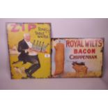 Two replica metal advertising signs, Royal Wilts Bacon and Zip Tonic Water, 12" x 16"