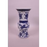 A Chinese blue and white porcelain gu shaped vase with phoenix and flower decoration, 6 character