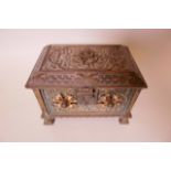 A good quality C19th cast bronze trinket casket with chased and engraved decoration and applied