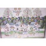 A pair of American naive art gouache paintings, farm scene, and parade of shops, signed O.