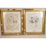 A pair of French coloured engravings of elegant ladies, 10" x 13"