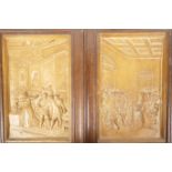 A pair of early raised wax panels depicting Elizabethan court scenes, A/F, 7½" x 11", in oak frames