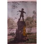 An early C20th hand coloured engraving of the Peter Pan statue in Kensington Gardens, monogrammed