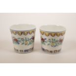 A pair of Chinese doucai porcelain beakers with scrolling floral decoration, 6 character mark to