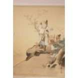 A Chinese watercolour on silk, warriors on a clifftop, signed with calligraphy and red seal mark,