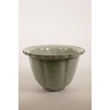 A Chinese celadon crackle glazed pottery planter with a lobed rim, 4" high x 6" diameter