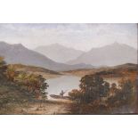 A C19th oil on canvas, lakeland landscape with a boatman, unsigned, 20" x 12"