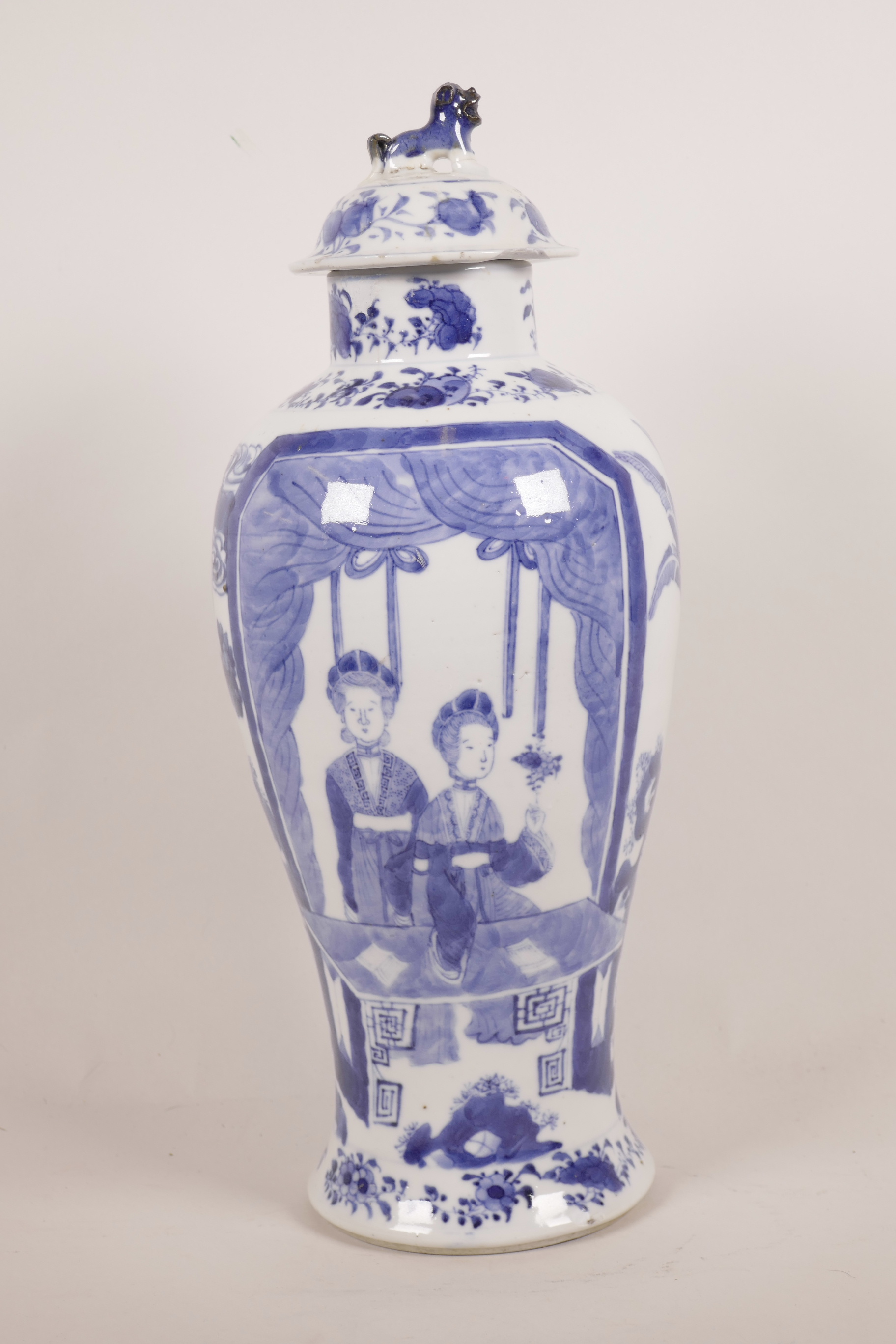 A C19th Chinese blue and white porcelain baluster vase and cover decorated with female figures in - Image 2 of 3