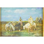 Vin Jon, oil on panel, Arabs watering their horses, signed, 7" x 5"