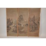 Three Japanese watercolour landscapes on silk depicting a fisherman landing a fish, a sailing boat