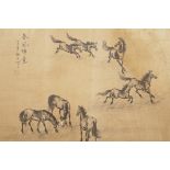 A Chinese watercolour on silk, wild horses, character signature, 15" x 12"