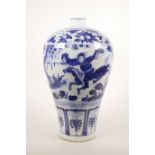 A Chinese blue and white pottery meiping vase decorated with warriors on horseback, 13" high