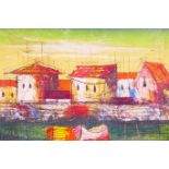 Jessen, oil on canvas, beached boats and fishermen's huts, 20" x 16"