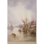 S. McKinley, watercolour, busy river scene with moored barges and sail boats, signed, 9½" x 14"