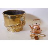 A C19th brass jardiniere/log bucket with lion mask ring handles, 17" diameter x 13", a copper kettle