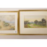 A watercolour, sand dunes and beach scene, 7½" x 7", together with a watercolour rural scene with