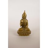 A small Sino-Tibetan bronze of Buddha seated on a lotus throne, 5" high