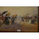 In the manner of E. Boudin, beach scene with figures under parasols, oil on canvas laid on board,