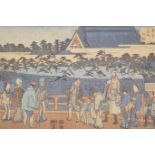 Hiroshige, woodblock print, families crossing a bridge, 13" x 8½"