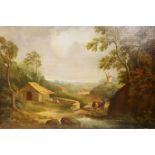 A C19th Continental oil on canvas, landscape with farm building, cattle, sheep and drover, and a