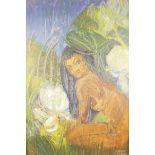 Mors Tavla, oil on canvas, portrait of a female nude amongst lotus flowers, dated verso '92, 18" x