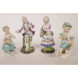 Two pairs of C19th Continental porcelain figurines, a dandy and his lady, 5½" high, and two seated