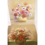 David Neave, signed oil on board, flowers in a bowl, 16" x 13", together with an oil on board,