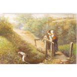 Philip Richard Morris, monogrammed oil on panel, landscape with children by a wooden bridge and