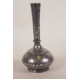 A C19th bidri silver inlaid metal vase, delicately decorated with fish, birds and plants, 7" high