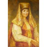 A Russian oil on canvas, portrait of a woman in traditional Russian clothing, signed indistinctly,