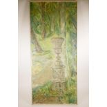 An oil on canvas, painting of an urn in a forested setting, inscribed 'Des Salles', A/F, 17½" x 39½"